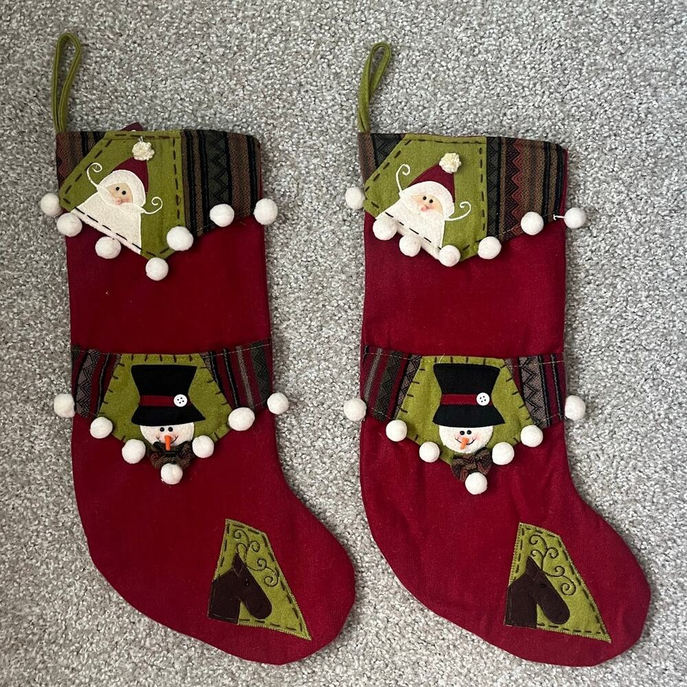 Lot of 2 VTG ITR Stockings 18" Felt Santa Snowman Christmas Holiday Reindeer